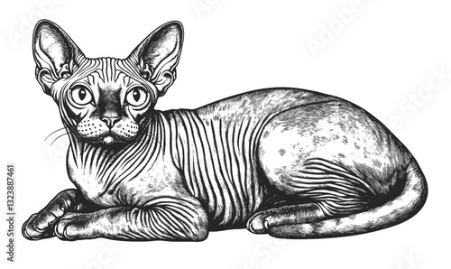 Sphynx cat portrait in detailed black and white, linear animal icons set, vector.