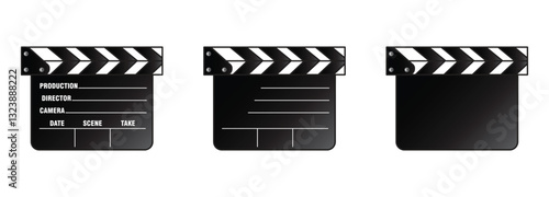 Clapper board vector icon set. Closed movie clapper film clap board. Movie, cinema, film symbol concept. Director clapboard. Vector illustration.