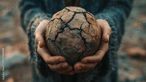 A person holds a cracked, earthy sphere, symbolizing fragility and connection to nature amidst a blurred natural background.