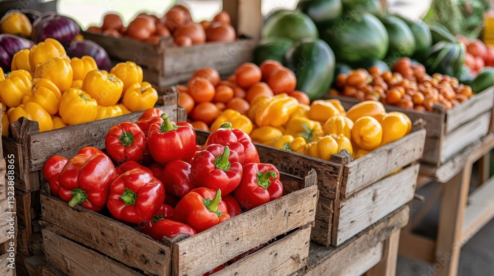 Fresh produce at a farmers market, red and yellow bell peppers, tomatoes, watermelons in wooden crates. Healthy eating and local food concept. Fresh produce at a farmers market, red and yellow bell peppers, tomatoes, watermelons in wooden crates. Healthy eating and local food concept.