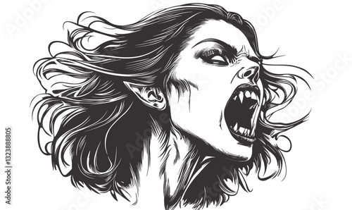 Fierce vampire woman screaming with fangs and flowing hair, vector, linear, icons set.