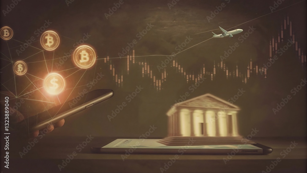 Naklejka premium Digital Finance Visualization: Illustrative composition symbolizing finance, business, and technological advancement. A phone displays bitcoin, the stock chart rises.