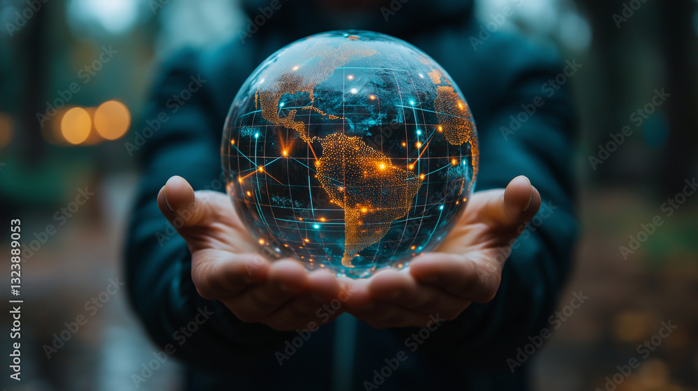 Fototapeta premium Abstract 3D globe with glowing connection lines, symbolizing global connectivity and digital networks.