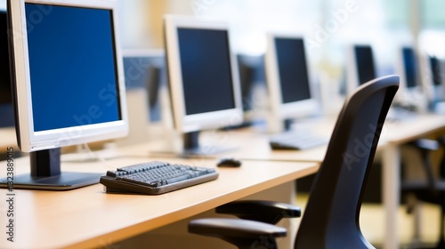 Wallpaper Mural Modern office workspace with computers and keyboard on desk, showcasing a productive environment Torontodigital.ca