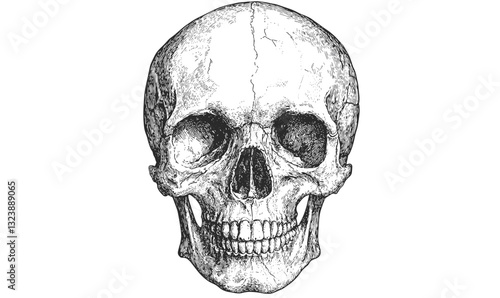 Human skull icon set - intricate black and white vector art, vintage linear style.