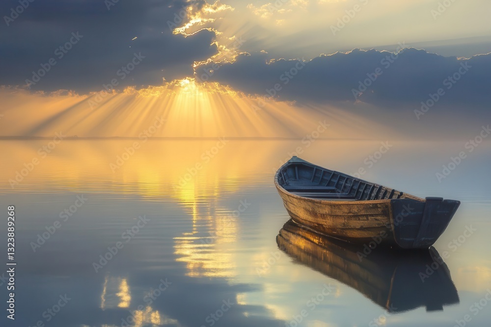 ancient wooden fishing boat on tranquil waters at dawn, with ethereal light breaking through clouds, creating golden pathways across the still sea surface reminiscent of biblical miracles