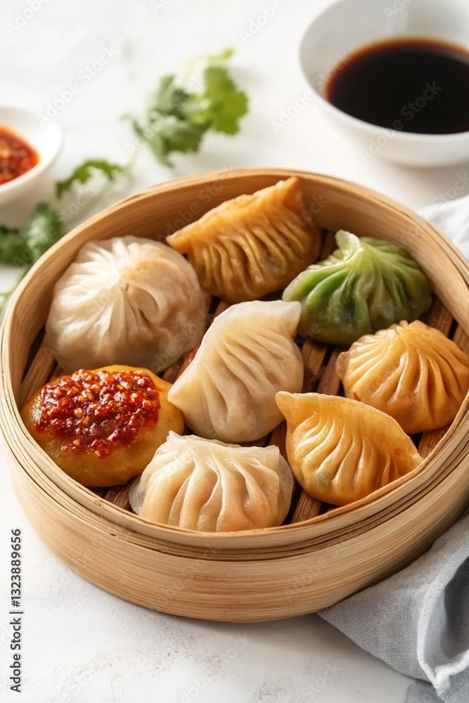 Assortment of dim sum in bamboo basket, served with soy sauce and chili Assortment of dim sum in bamboo basket, served with soy sauce and chili