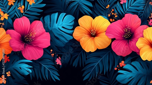 Wallpaper Mural Vibrant Hibiscus Flowers and Tropical Leaves Bold Summer Floral Design Torontodigital.ca