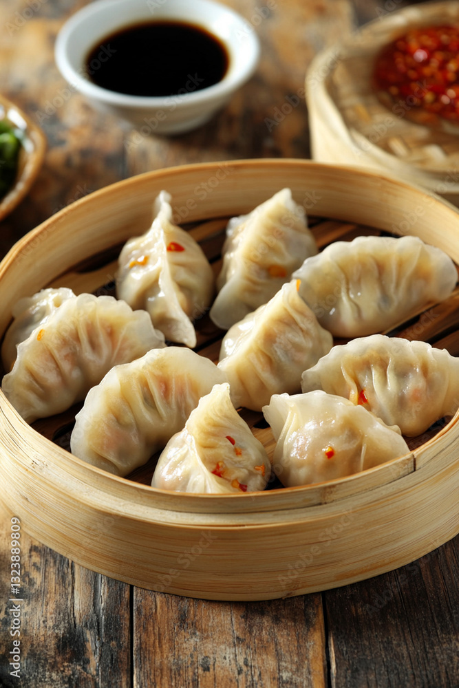 Assortment of dim sum in bamboo basket, served with soy sauce and chili Assortment of dim sum in bamboo basket, served with soy sauce and chili