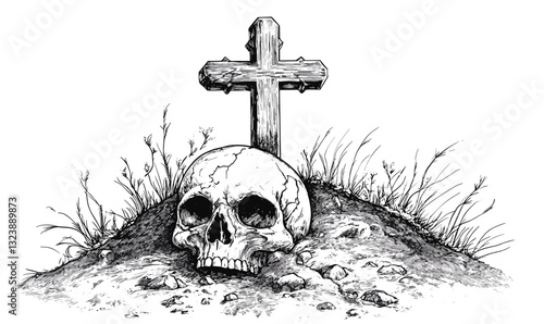 Skull and cross on grave with earth mound, black and white, linear icons set, vector.