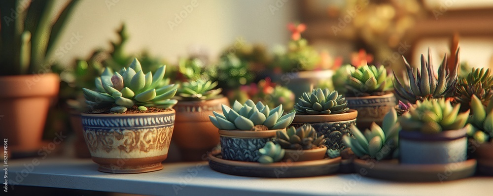 Various potted succulents sit arranged on a well lit windowsill Various potted succulents sit arranged on a well lit windowsill