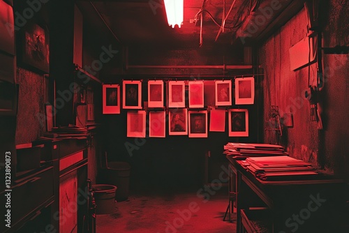 A darkroom from the 1980s, red light illuminating black-and-white prints hanging to dry, the smell of photo chemicals in the air