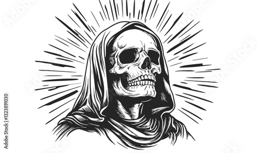 Grim reaper skull with hood, radiant lines, detailed design, monochrome flat icons set, vector.