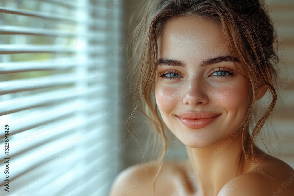 Smiling woman enjoying sunlight indoors with soft lighting and blinds Smiling woman enjoying sunlight indoors with soft lighting and blinds