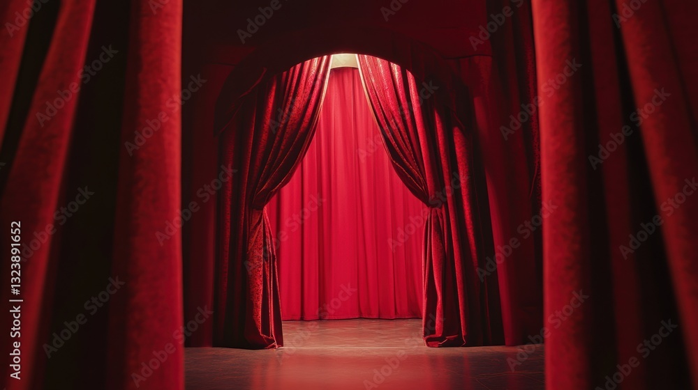 Fototapeta premium Majestic Red Stage Curtain Framing an Arch Entrance