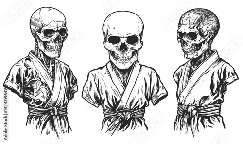 Skeleton warriors in martial arts robes vector, linear style icons set.