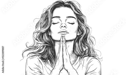 Peaceful woman praying, meditative, contemplation, mindfulness, monochrome design, vector, linear icons set.