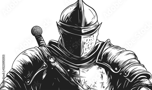 Medieval knight helmet and armor icon set in linear style, vector.