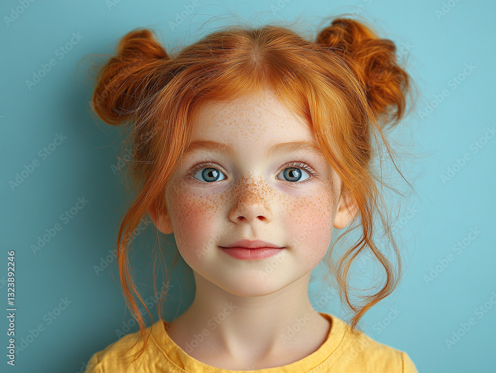 Naklejka premium Cute girl with red hair and freckles against blue background