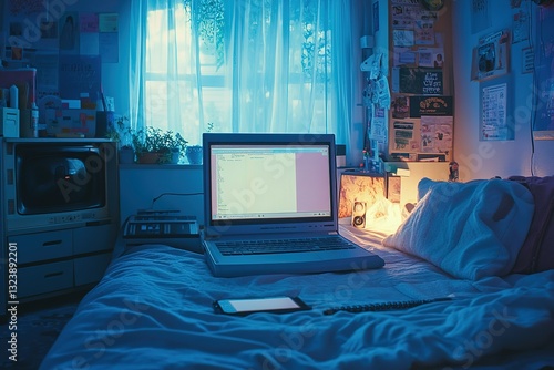 A teenager’s bedroom from the early 2000s, a Sidekick phone on the bed, AIM chat messages open on a chunky laptop