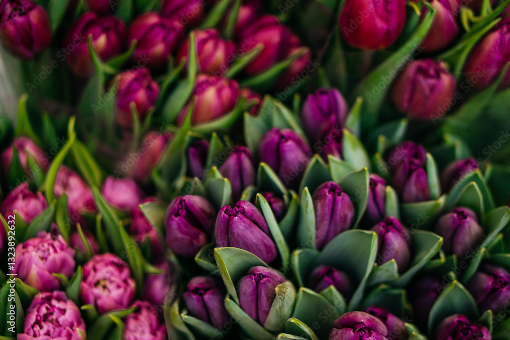 Fototapeta premium A vibrant assortment of fresh tulips in various shades of pink, purple, and peach, beautifully arranged in bouquets