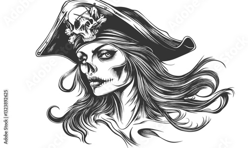 Female pirate skeleton with flowing hair and pirate hat, linear vector, icon set.