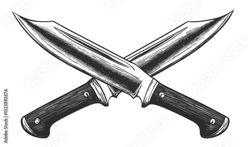 Crossed knives illustration, detailed blades with handles, vector, linear icons set.