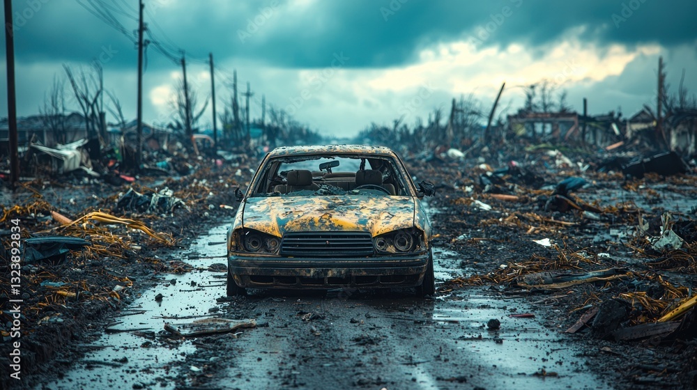 Fototapeta premium Damaged car sits amidst debris on a street after a natural disaster.