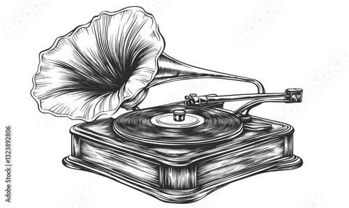 Vintage gramophone with horn and turntable - linear icons set vector.