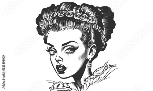 Elegant victorian woman portrait with roses and earrings, black and white vector, linear icons set.