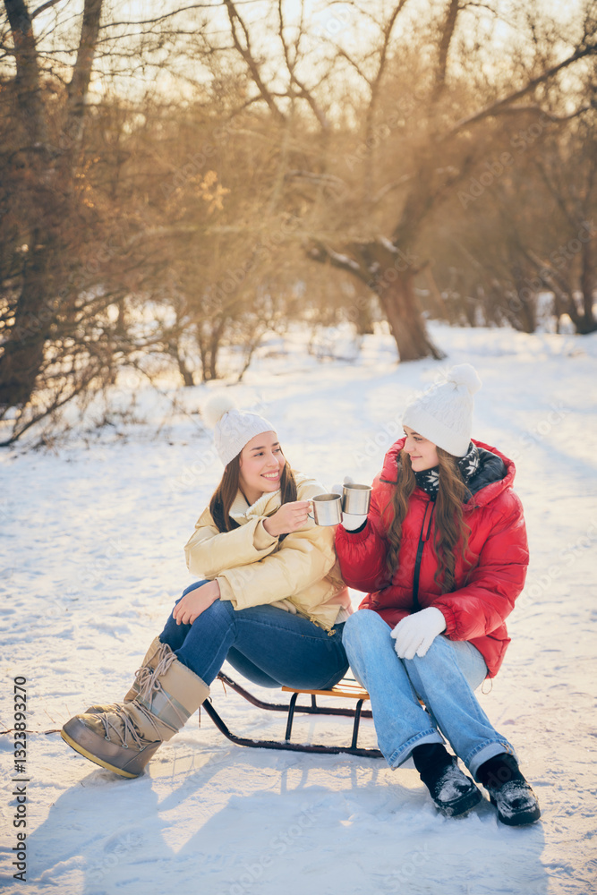 Fototapeta premium Two friends, women, sitting in snow on children's sleds, sharing hot drinks, enjoying cozy winter moment together. Concept of winter, vacation, human emotions, nature, leisure time.