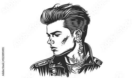 Stylish punk rocker profile with tattoos and piercings - flat icons set vector.
