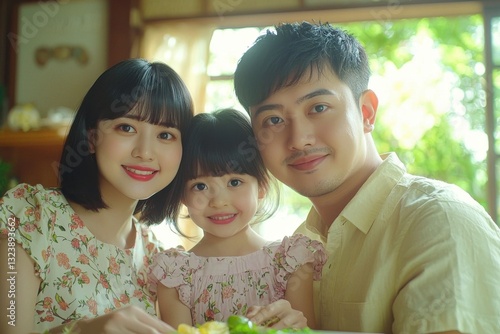 A cheerful Asian family, a mother, father, and young daughter, posing closely together while preparing a healthy meal in bright, airy home environment.