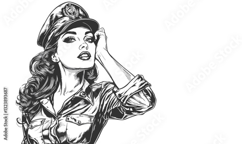 Retro military woman in uniform vector, linear style icons set.