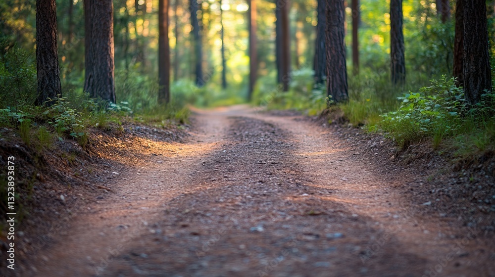 Fototapeta premium Two diverging forest paths: one overgrown, the other well-kept, symbolizing choices between tradition and progress. 