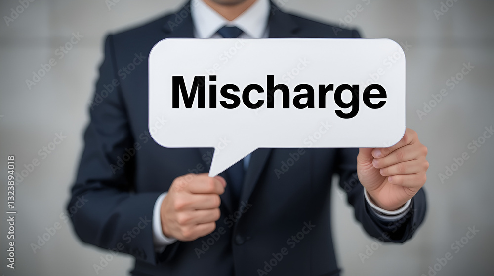 Mischarge. Businessman in suit holds speech bubble at camera. The term Mischarge is in the sign. Symbol for business, finance, statistics, analysis, economy Mischarge. Businessman in suit holds speech bubble at camera. The term Mischarge is in the sign. Symbol for business, finance, statistics, analysis, economy