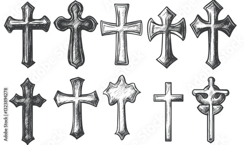 Set of various ornate cross icons in linear style - vector.
