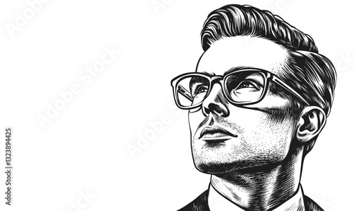 Businessman with glasses looking up, monochrome style, linear icons set, vector.