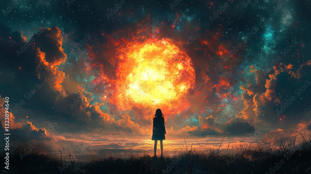 Fototapeta premium Silhouette of a woman gazing at a fiery cosmic explosion in a surreal nightscape.