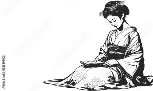 Traditional japanese geisha reading book, flat icons set, vector, linear style.