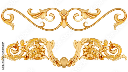 Gold ornament on white background, 3D render
