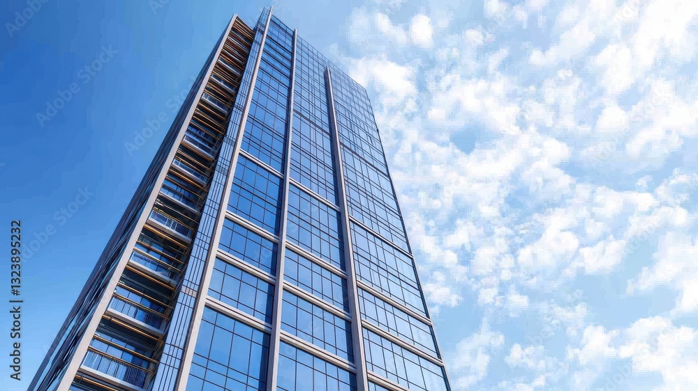 Modern glass skyscraper against a blue sky with clouds. Architecture and urban development concept. Modern glass skyscraper against a blue sky with clouds. Architecture and urban development concept.