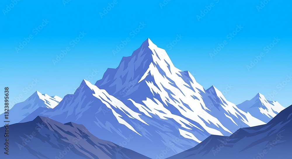 Fototapeta premium Snowy Mountain Peak Landscape Against Clear Blue Sky Graphic Illustration