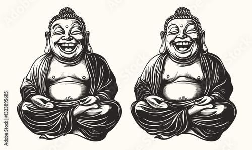 Laughing buddha illustrations with two styles of faces, asian art, spiritual icons set, linear vector.