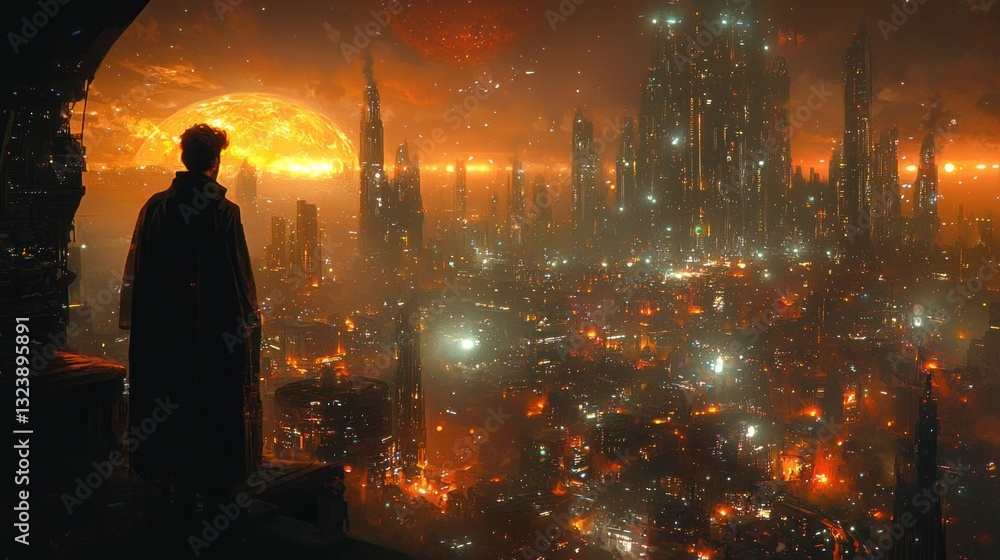 Silhouette of a man overlooking a futuristic, fiery cityscape at sunset. Silhouette of a man overlooking a futuristic, fiery cityscape at sunset.