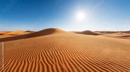 Vast Desert Landscape with Sun and Sand Dunes under Clear Sky