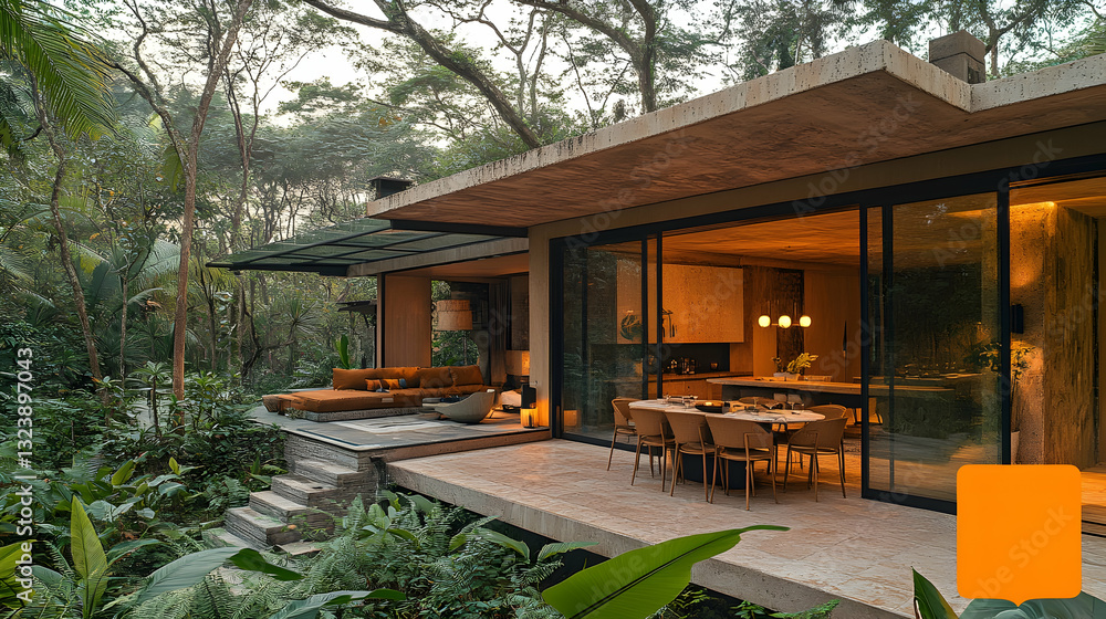 Fototapeta premium Modern concrete home nestled in lush forest