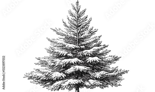 Snow-covered christmas tree in winter landscape, black and white vector, linear, icons set.