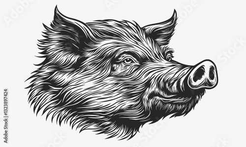 Wild boar head illustration in black and white - flat vector icons set.