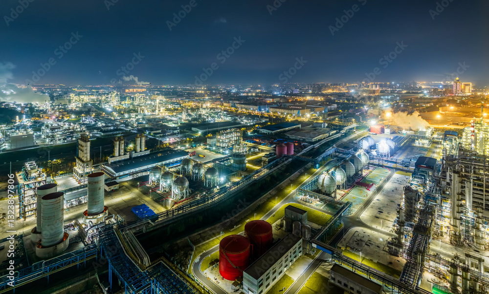 Fototapeta premium Aerial view of illuminated industrial complex at night